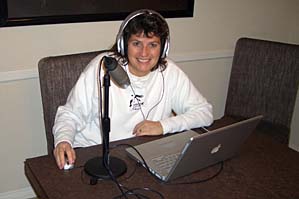 Allison in the dining room doing a recording