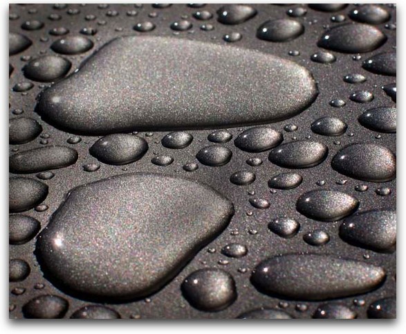 raindrops on Robert's car after waxing