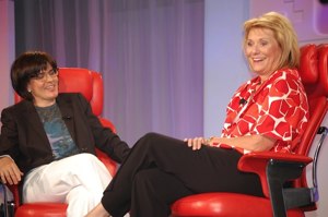 Kara Swisher laughing with Carol Bartz of Yahoo!