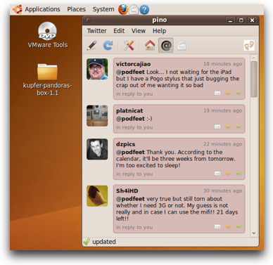 Pino twitter client running on Ubuntu 9.20