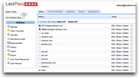 LastPass vault showing a few of my sites and options to do actions on them