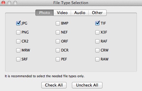 file type selection