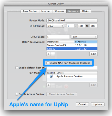 apple renames upnp to Enable NAT Port Mapping Protocol (uncheck this)