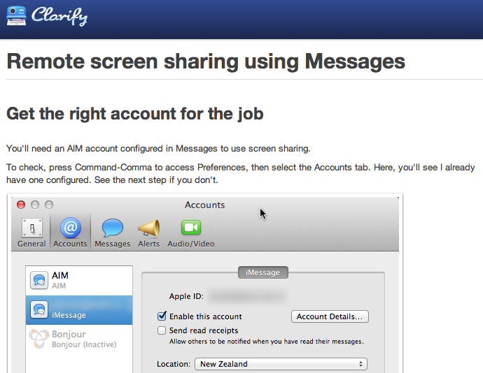web view of Clarify document shwoing how to start screen sharing
