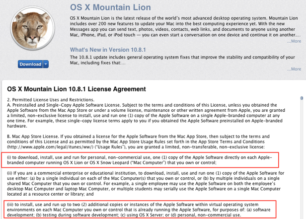 Mountain Lion license agreement saying all the machines you own or control + vms allowed
