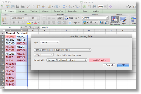 excel showing the condiional formatting