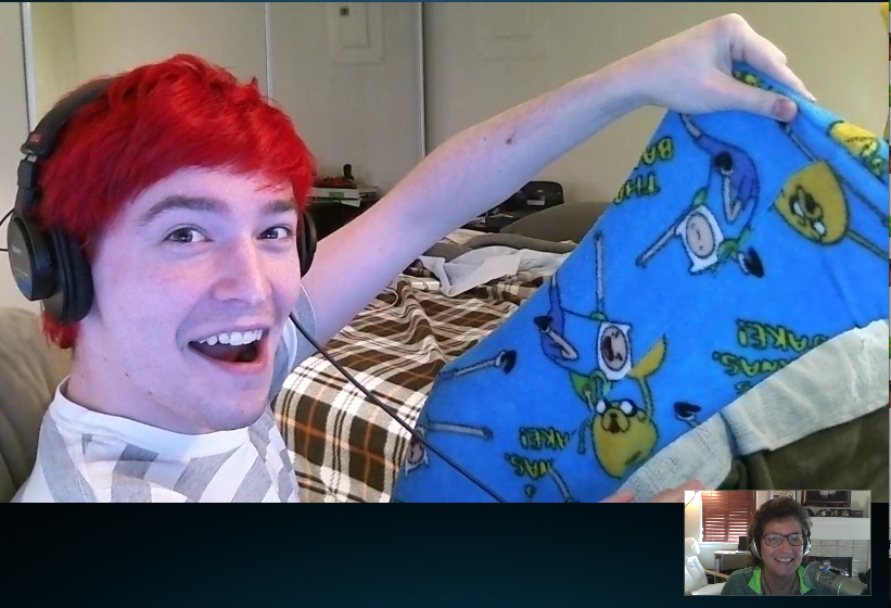 OMGchad showing off his Adventure Time pajamas during our podcasting time