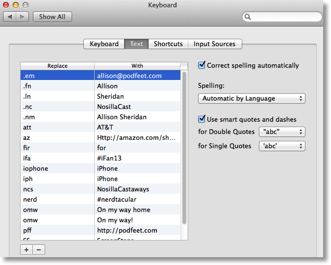 text shortcuts in System Preferences