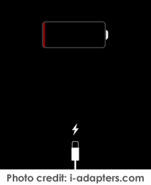 screen showing a nearly empty battery with a red line, and suggesting plugging in the lightning cable