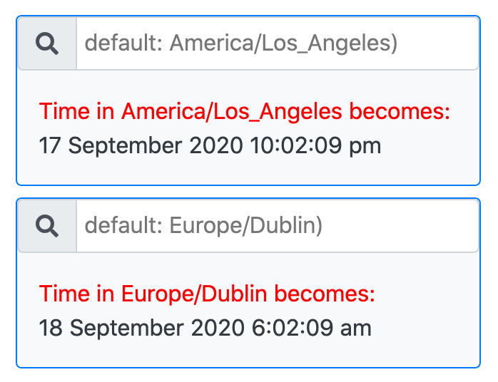 two clocks for two cities with a search bar for each to choose the cities