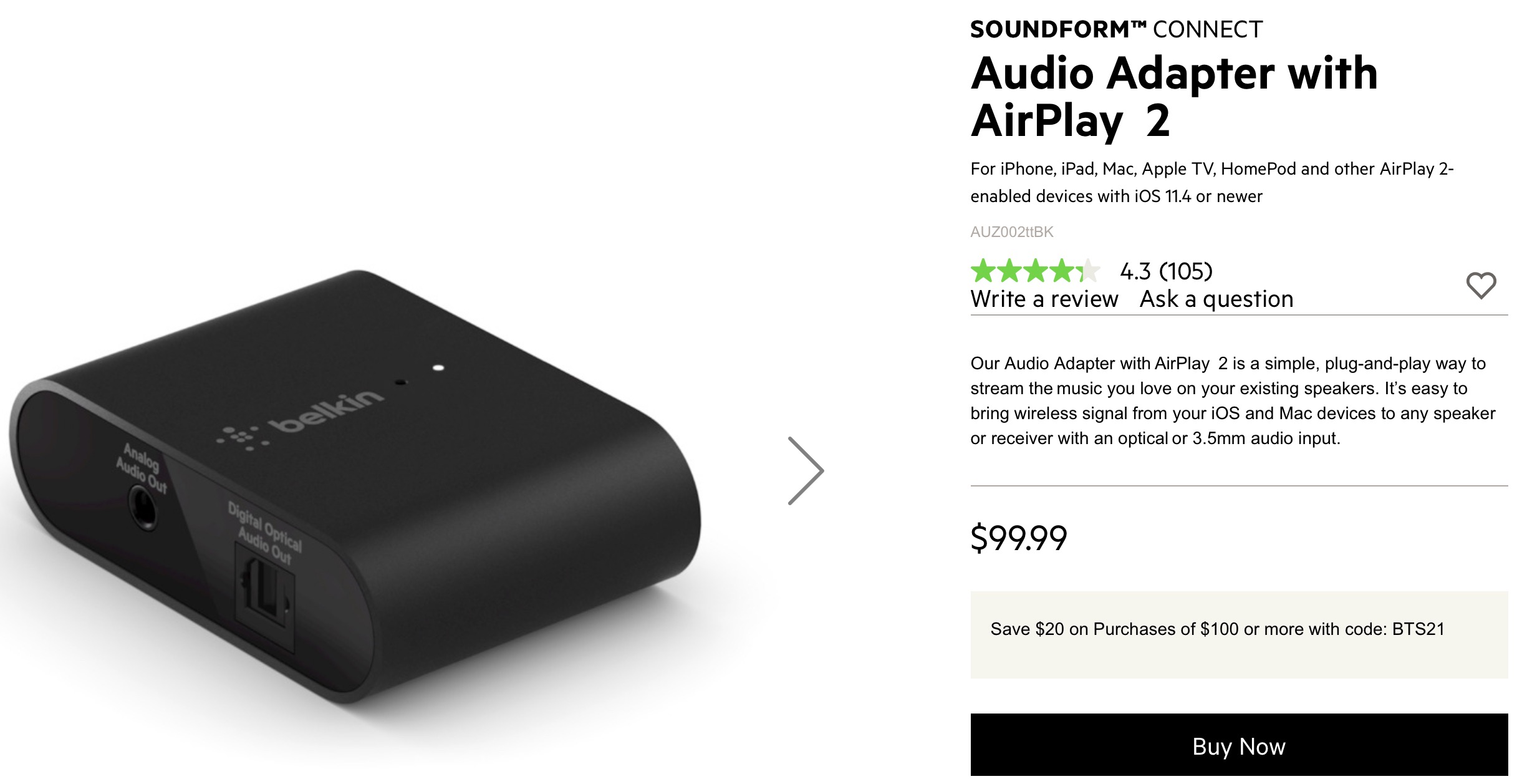 Belkin SOUNDFORM CONNECT Audio adapter with AirPlay 2 black