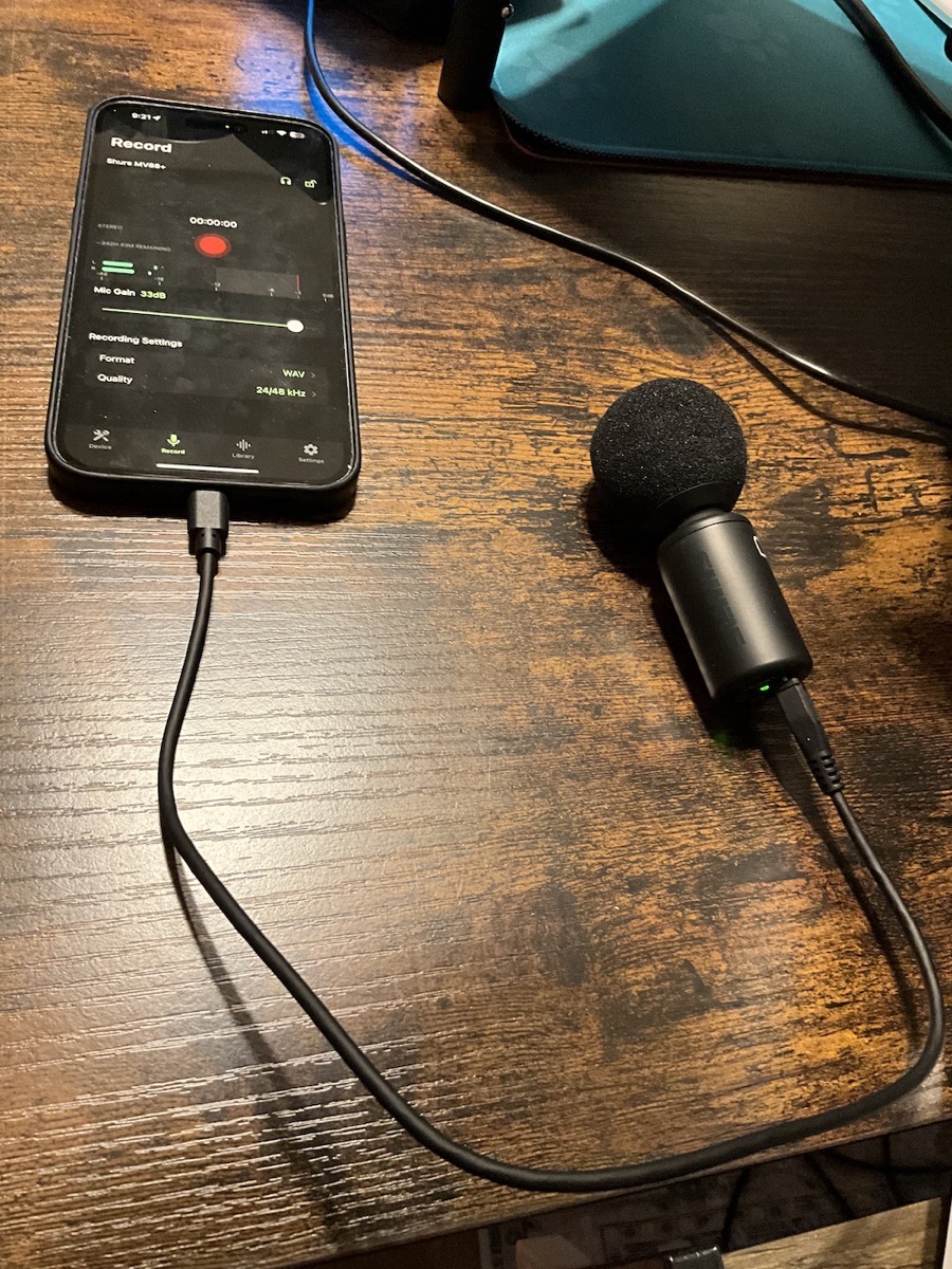 Shure Mv88+ attached via USB to an iPhone with the recording software open