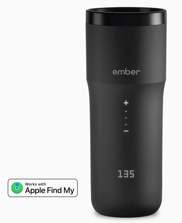 Ember Travel Mug showing temperature and + button - also says Apple Find My.