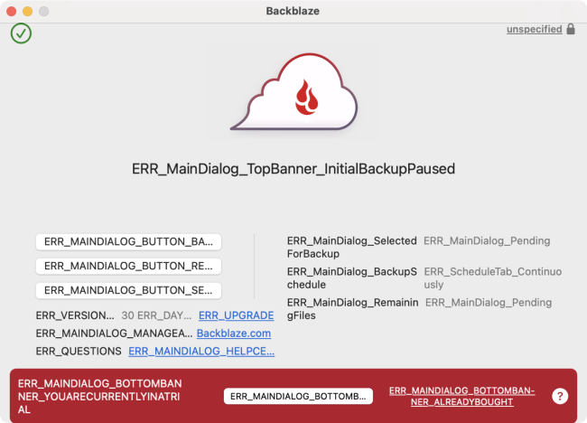 Backblaze window covered in gibberish error messages after Migration Assistant