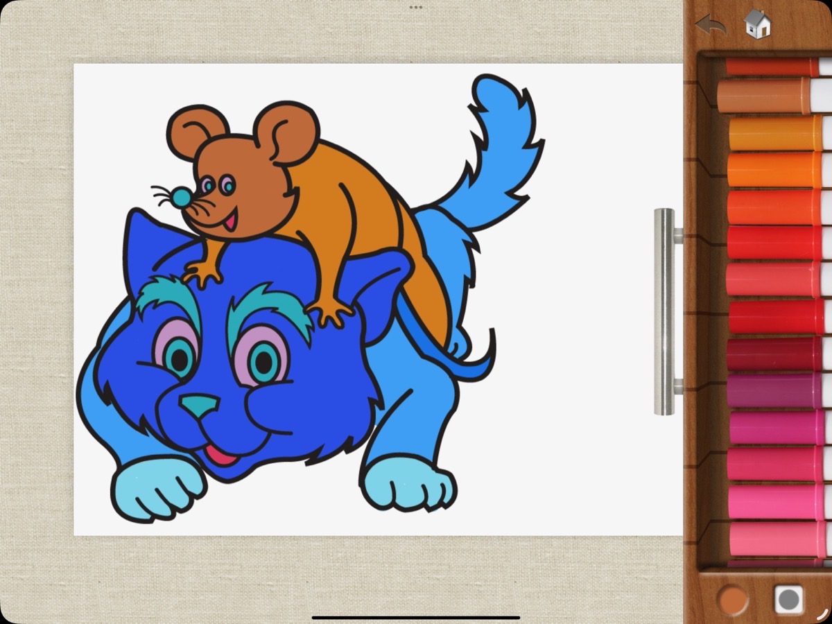 Drawing Pad App showing a mouse on top of a cat with crazy colors and tools on the side.