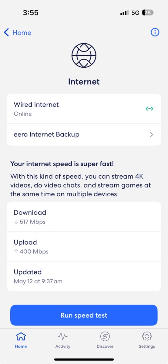 Eero app showing roughly 500 Mbps symmetrical.