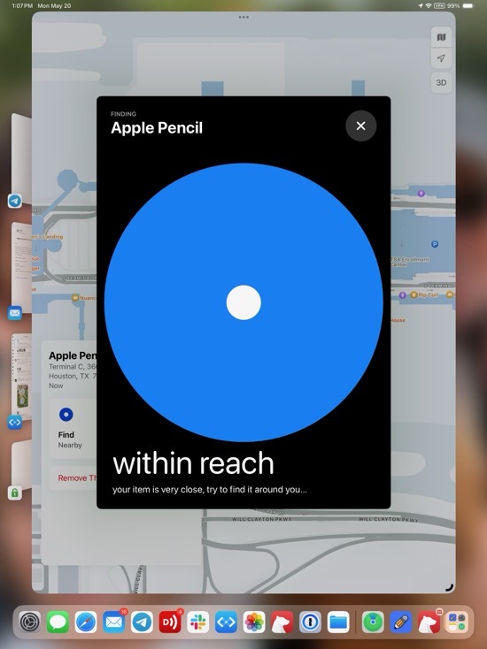 Find My Apple Pencil showing one big blue circle and message says within reach.