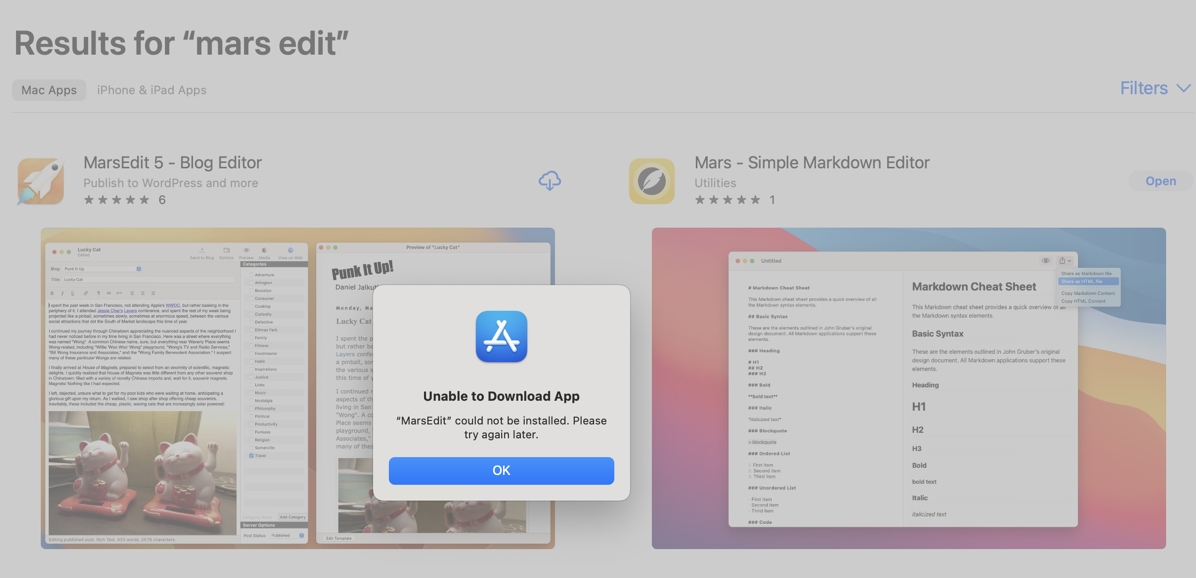 Mac App Store saying MarsEdit cannot be downloaded.