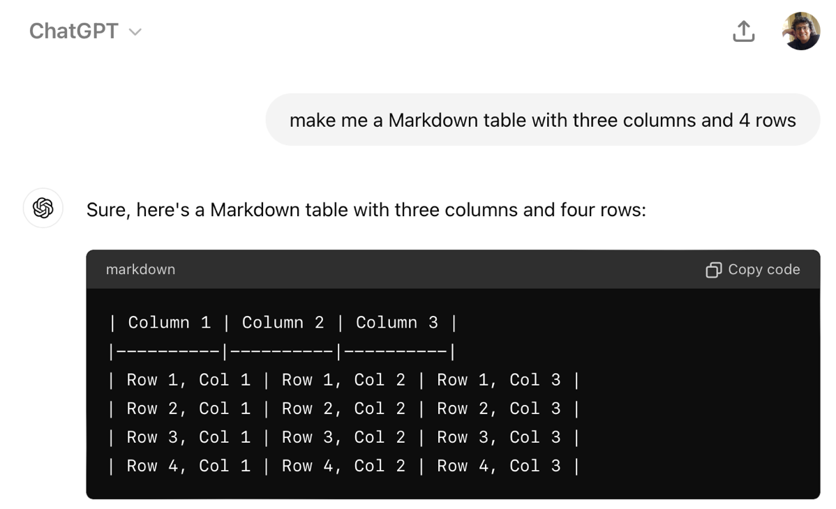 MacGPT creates a table in Markdown syntax with three columns and four rows.