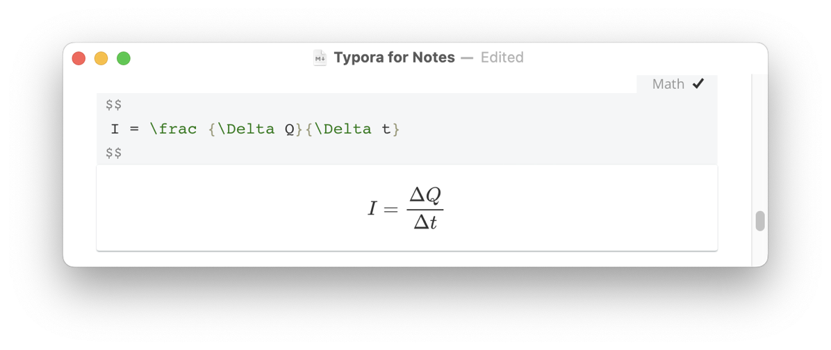 Live Preview of an Equation: Screenshot showing the LaTeX language for the equation for current and the rendering in Typora.