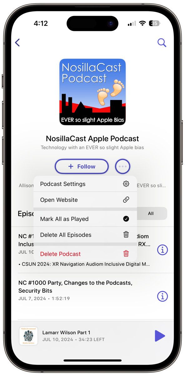 NosillaCast Selected and 3-Dot Menu expanded.