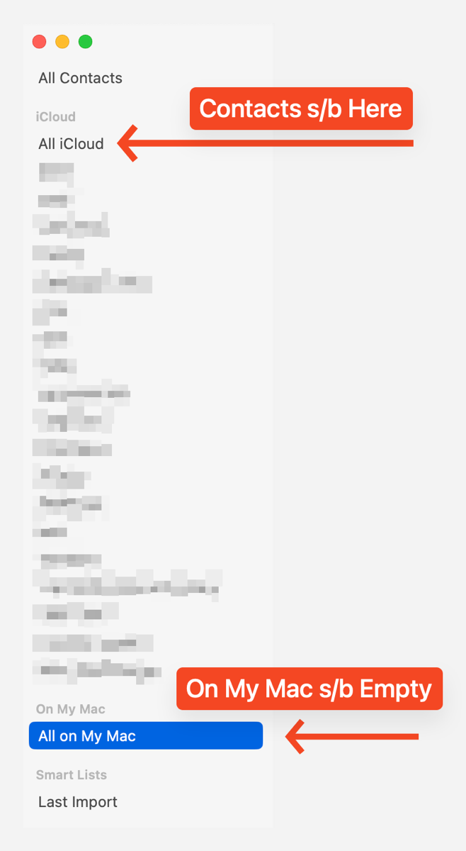 Contacts should be in iCloud not On My Mac.