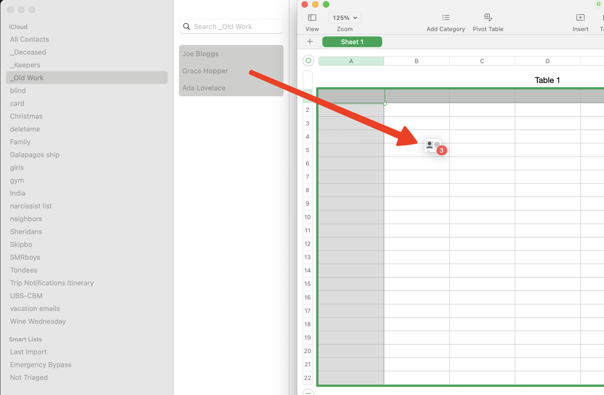 Arrow showing Dragging Contacts into Numbers.