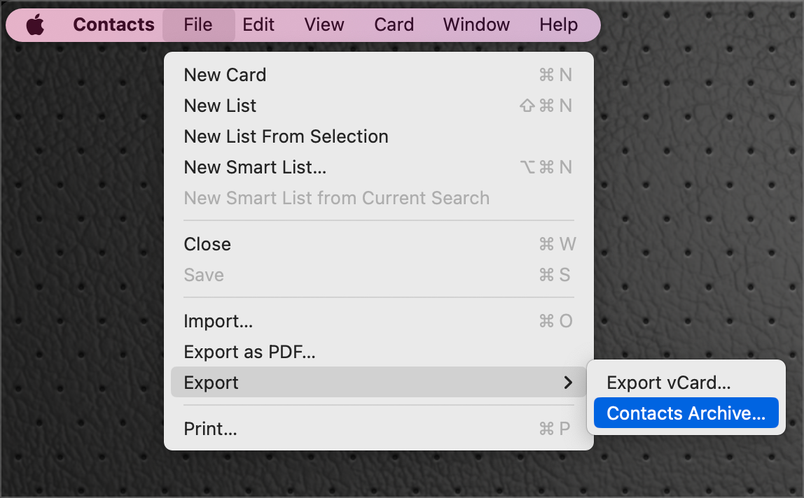 File Export Export Contacts Archive.