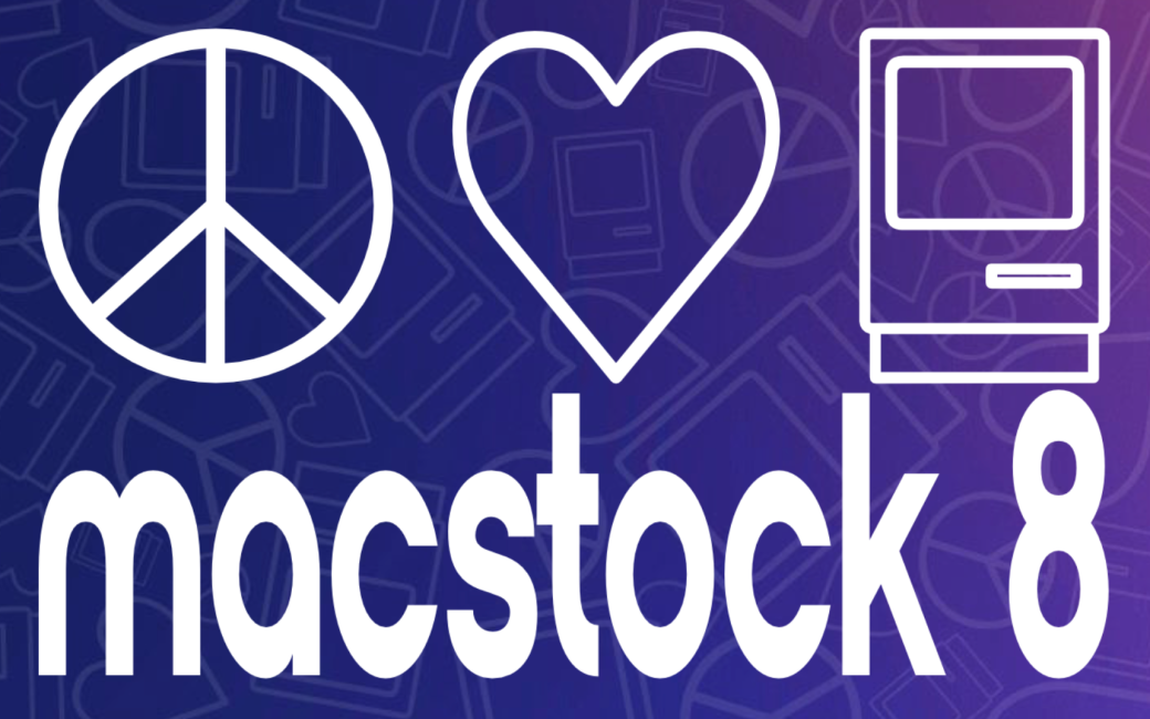 Macstock 8 logo with peace, love and Macintosh symbols