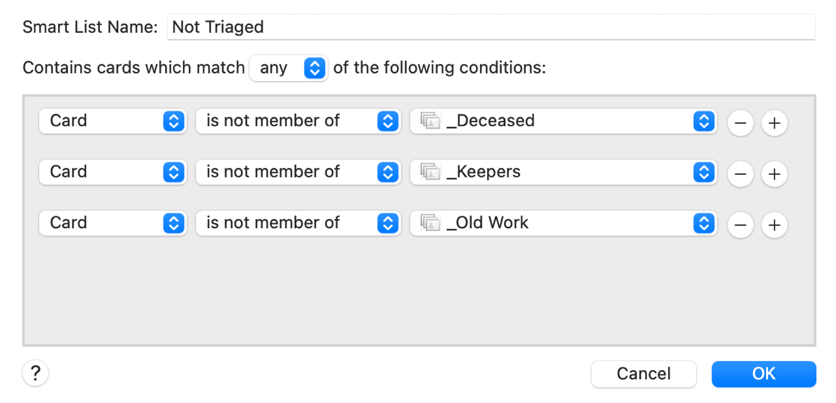 All dropdowns changed as described to create Not triaged Smart List.