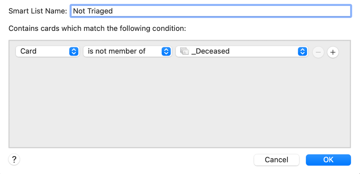 first dropdown set to Smart List card is not a member of deceased.