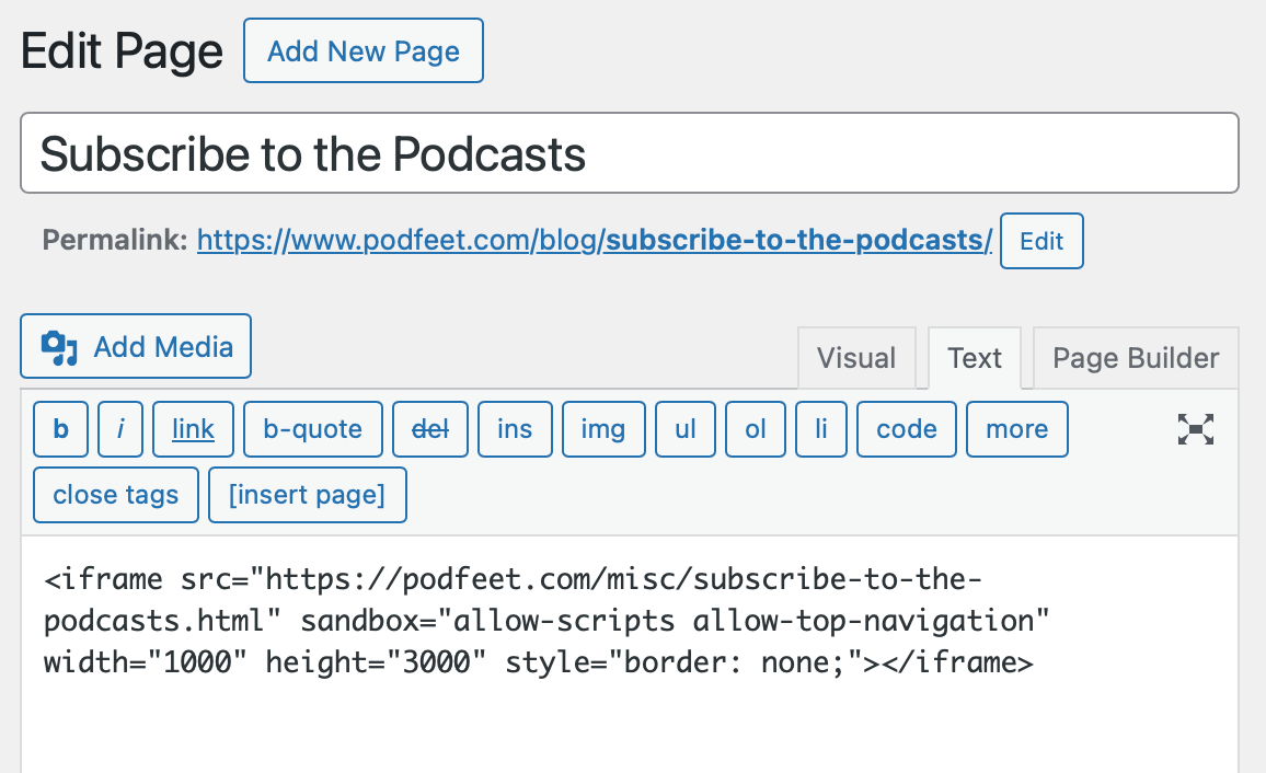 Subscribe to the Podcasts Page in WordPress showing only the HTML to link to the static page.