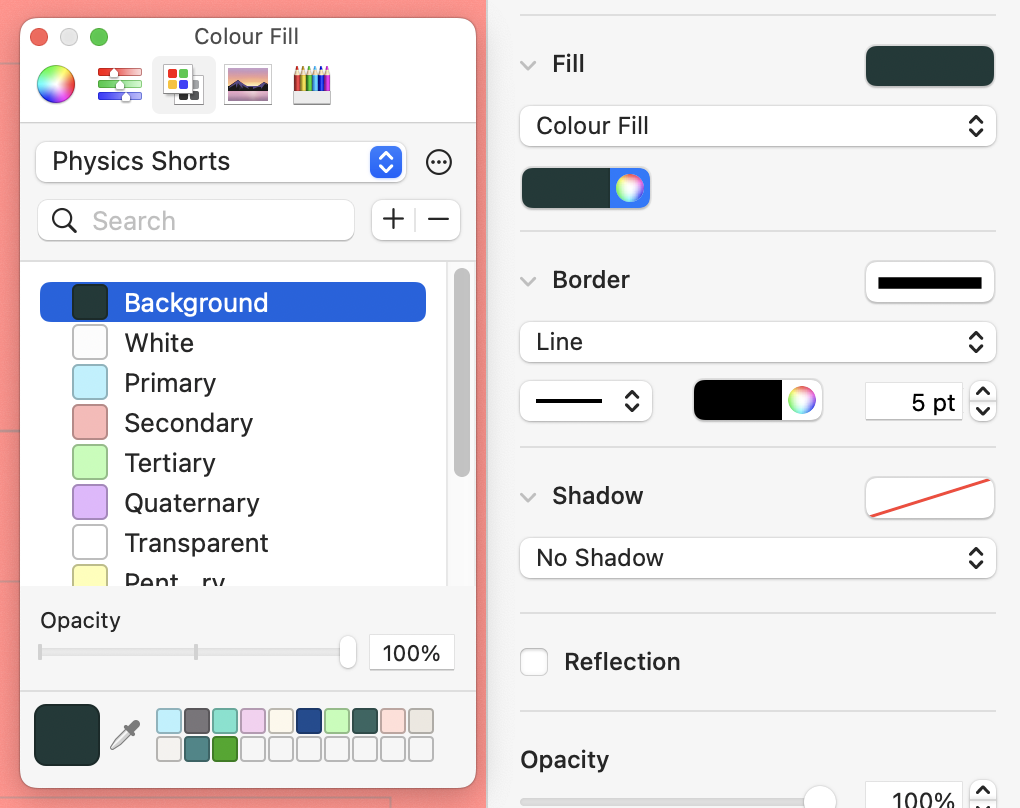 Colour Picker: macOS's Colour Picker window on the left. This was brought up by clicking on the colour wheel icon that is part of the selection box for Fill.