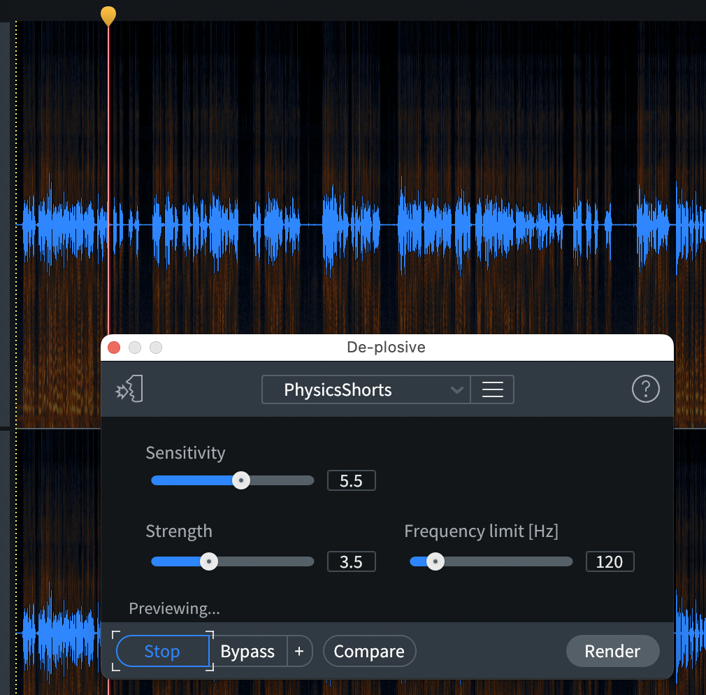 De-plosive: Shows the pop-up window for the De-plosive Module, overlaying the waveform of the audio. The De-plosive window has controls for Sensitivity, Strength, and Frequency limit.