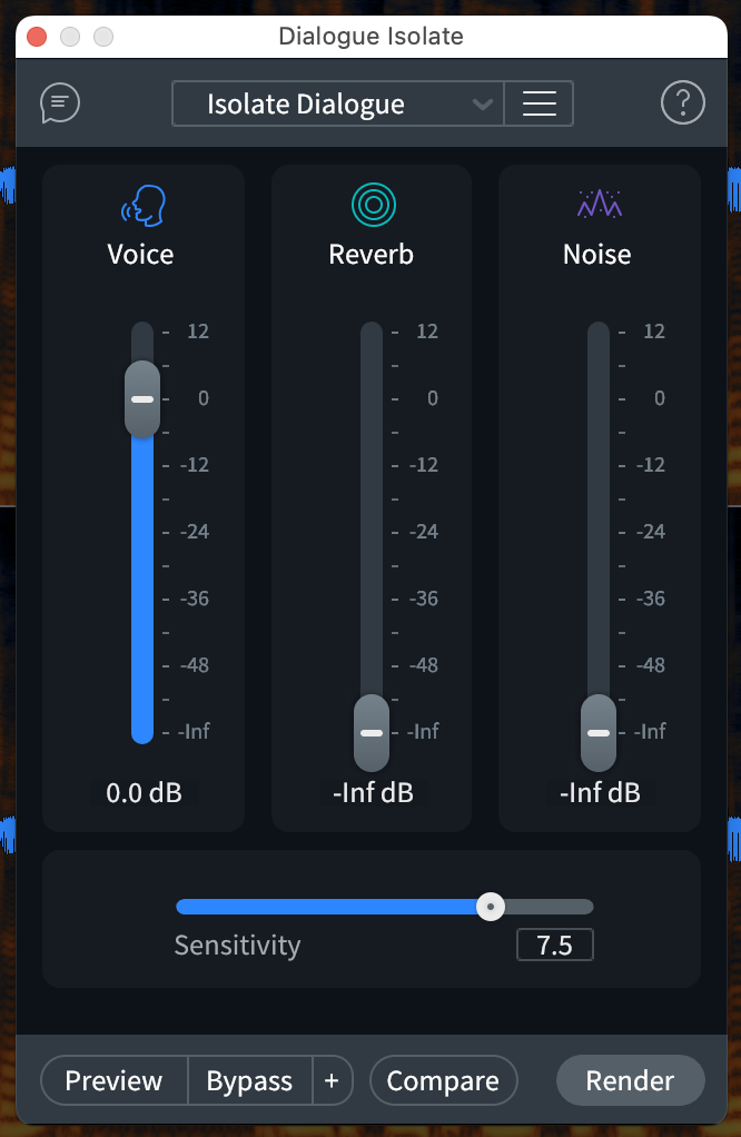 Dialogue Isolate: Shows the pop window for the Dialogue Isolate Module, with controls for Voice, Reverb, Noise, and Sensitivity.