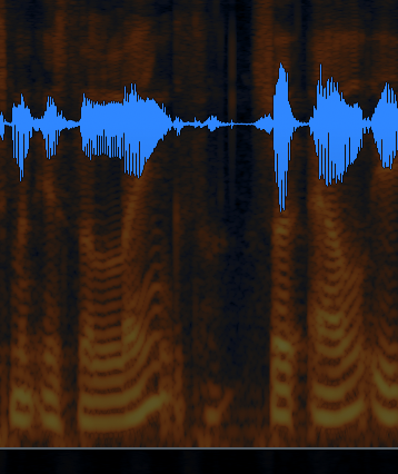 Heavy-breathing: Screenshot of the audio wave. A blue waveform clearly shows a gap between sentences with some blips and breathing noise. Below, the orange shading shows that there is some breathing here as well.