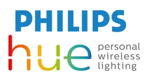 The Philips Hue logotype. It consists of the Philips brand name in a dark blue, the Hue brand in rainbow colours, and the slogan "personal wireless lighting".