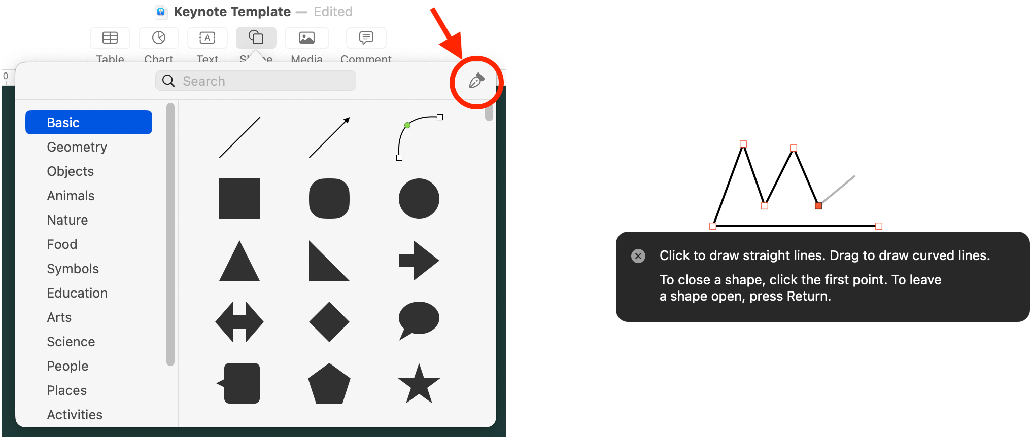 Keynote Shapes: Keynote as a wealth of shapes, but just taking the basics and combining them gets ayou a long way. You can even taken a complex shape and break it up to edit it. I have circled my favourite shape, the easy-to-miss Draw that lets you draw any shape you want. The right hand side shows an example, including Keynote's hint on how to use it.