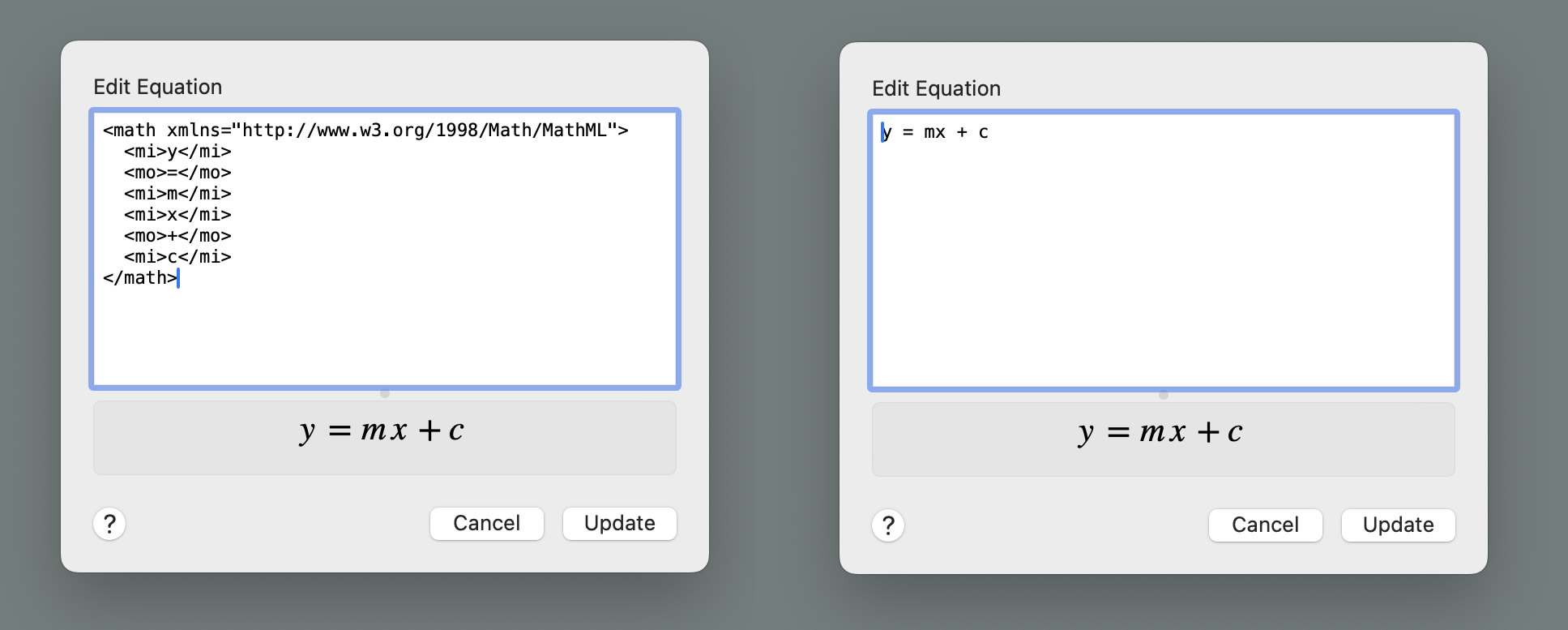 MathML and LaTeX: A pair of screenshots comparing the same equation, y = mx + c, in MathML on the left with 8 lines of code, and LaTeX on the right with 1.