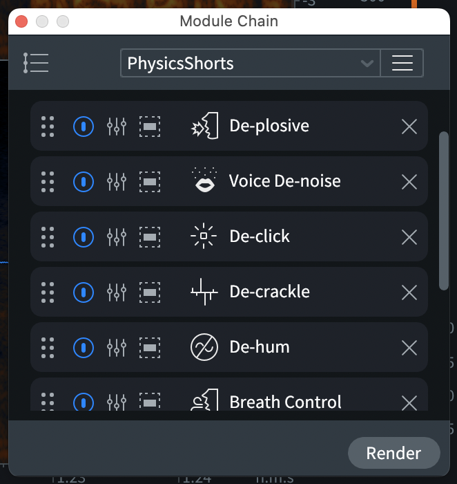 Module Chain: Shows the pop-up window for the Module Chain, showing a list of Modules chained together vertically starting with De-plosive and ending with Breath Control, although others are not visible.