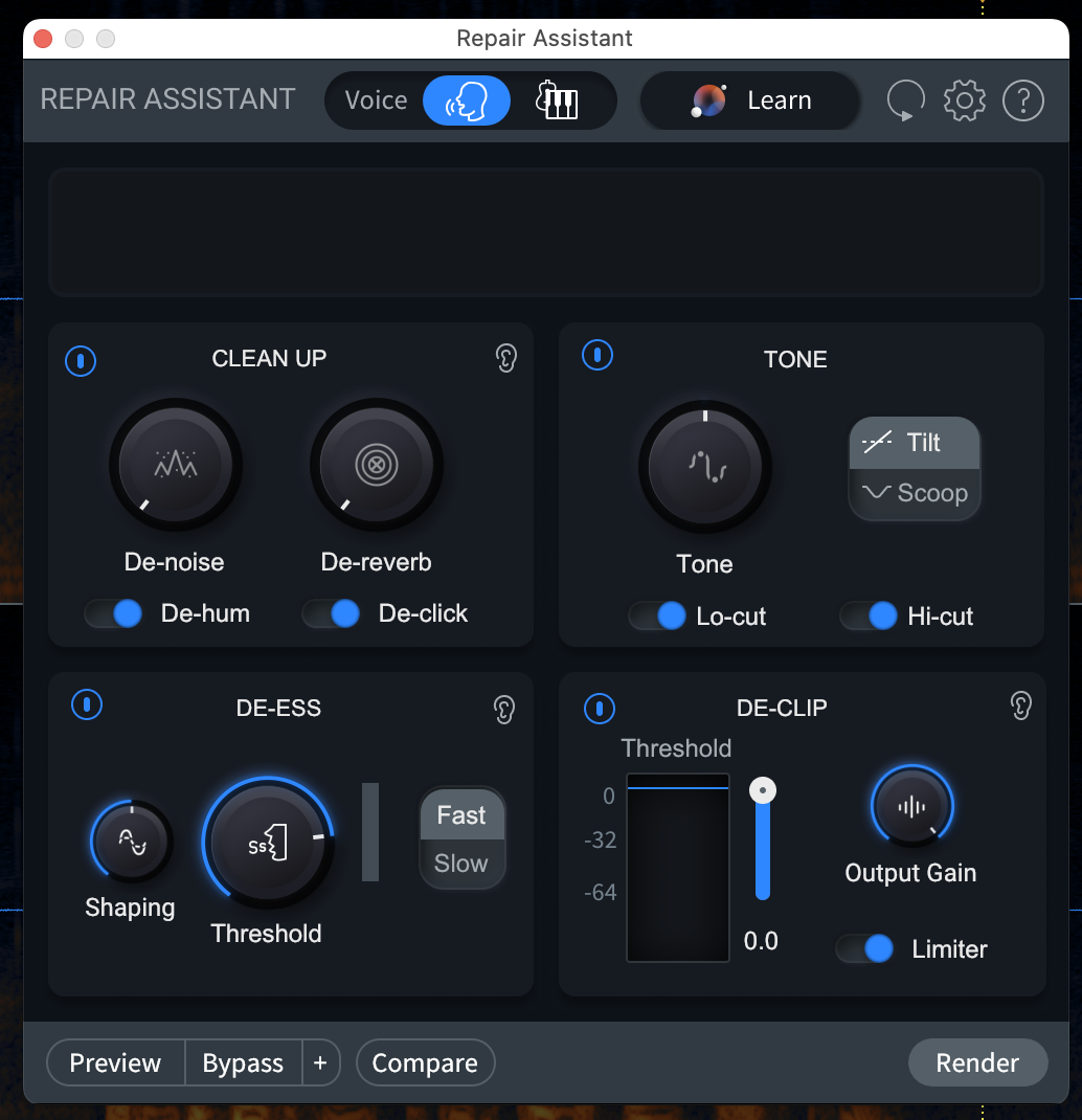 Repair Assistant: Shows the pop up window for the Repair Assistant tool. The top shows Voice is selected and a "Learn" button. Four sub-windows show there are controls for Clean-up, Tone, De-Ess, and De-Clip.