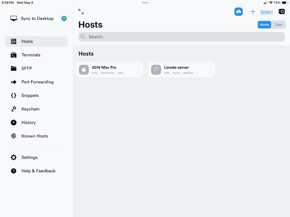 Hosts tab showing a 2019 MacPro and a server on Linode