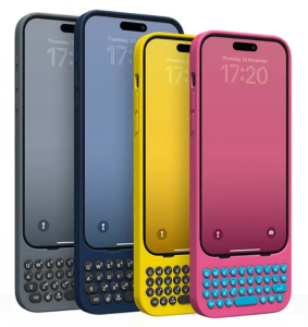 A selection of Clicks keyboard cases in the four colours — grey, black, yellow, and pink