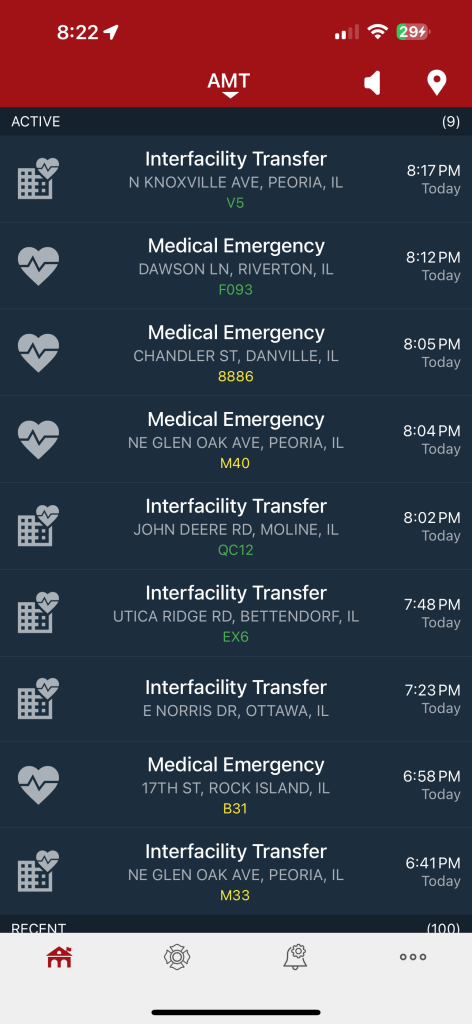 A screenshot from the PulsePoint app displaying a list of active medical incidents and interfacility transfers across various locations in Illinois. The list includes types of incidents, specific locations, and the time they were reported, such as medical emergencies in Riverton, Danville, and Rock Island, and interfacility transfers in Peoria, Moline, and Bettendorf.