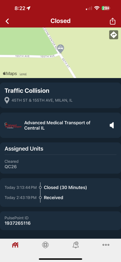 A screenshot from the PulsePoint app displaying the status of an emergency incident marked as "Closed." The incident, a traffic collision at the intersection of 45th Street and 155th Avenue in Milan, IL, involved a unit from Advanced Medical Transport of Central IL. The timeline shows the incident was received at 2:43 PM and closed at 3:13 PM, lasting a total of 30 minutes.