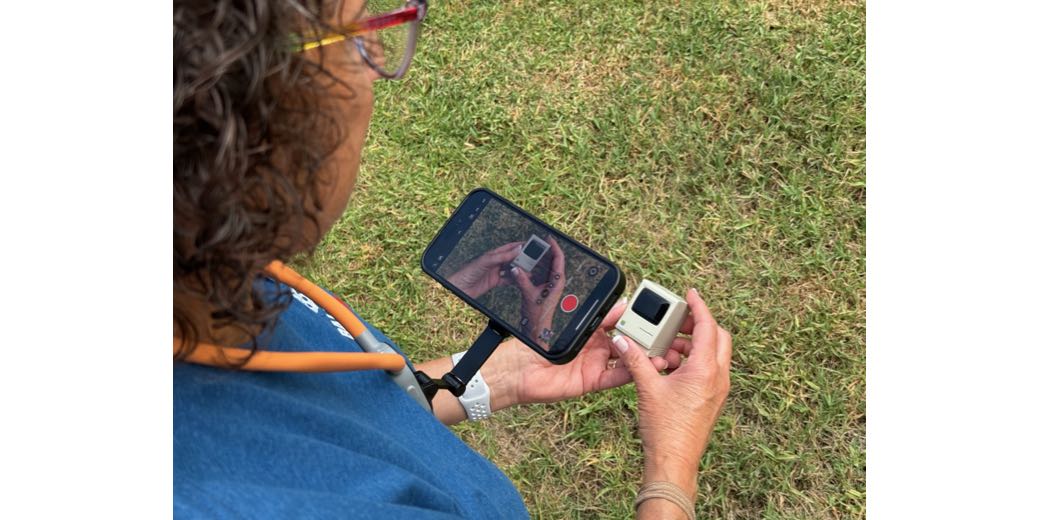 Over-the-shoulder shot of Allison wearing the Amorus recording the Sharge 67 that I'll describe in detail in the article