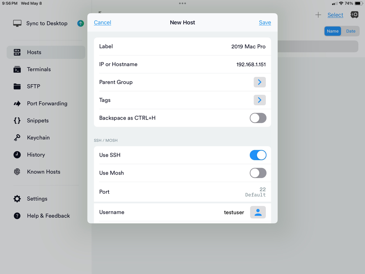 Setting up new host in Termius adding IP, login method.