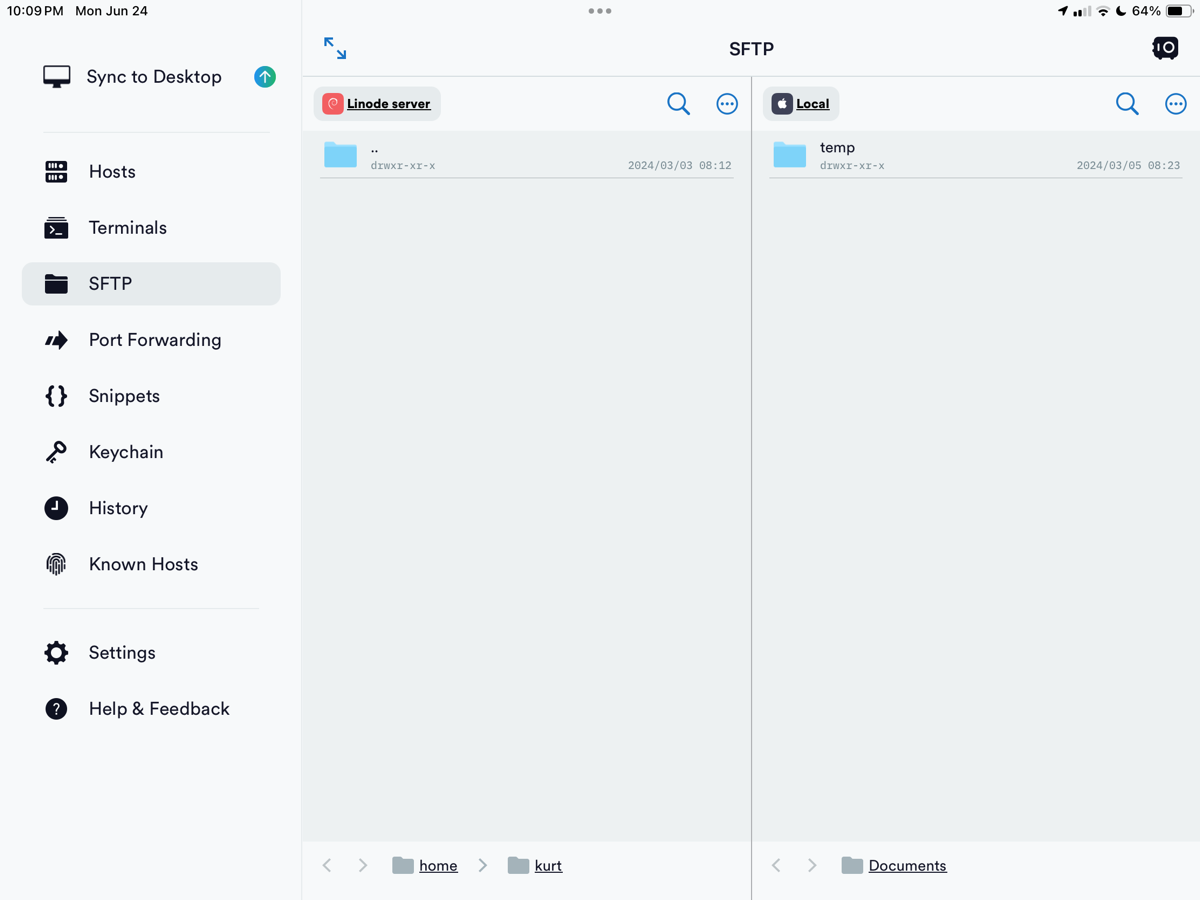 The SFTP interface set up to transfer from remote host to iPad document storage.