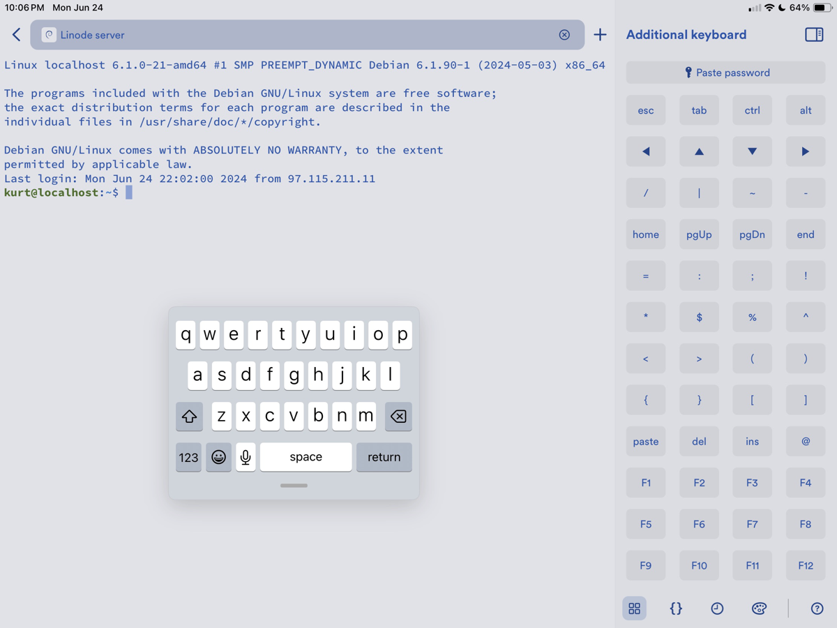 The Termius additional keyboard shortcuts sidebar, with paste password button at top.