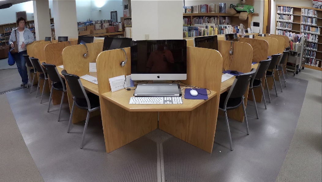 Two rows of little wooden cubicle desks each with an iMac on them in the library.